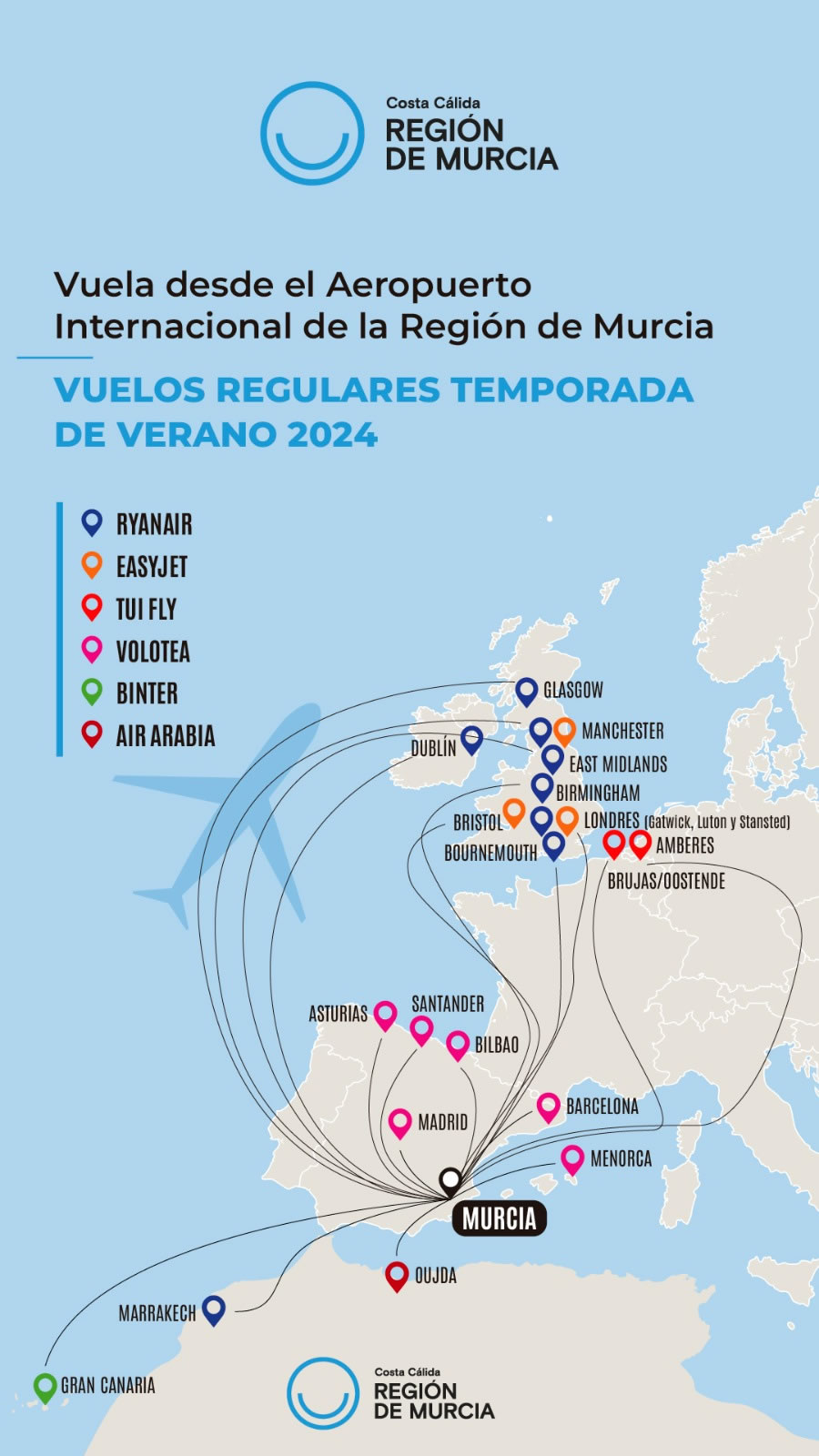Folleto de vuelos disponibles desde el aeropuerto internacional de la Región de Murcia